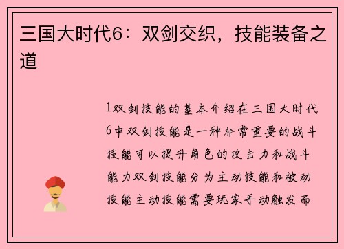 三国大时代6：双剑交织，技能装备之道