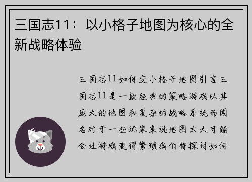 三国志11：以小格子地图为核心的全新战略体验