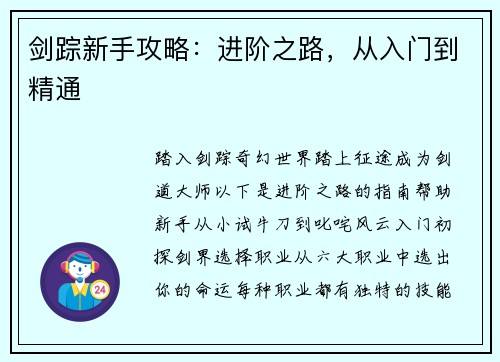 剑踪新手攻略：进阶之路，从入门到精通